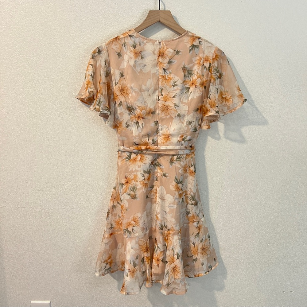 Saints + Secrets Chiffon Floral Flutter Sleeve Tie Waist Faux Wrap Mini Dress M - Picture 8 of 16